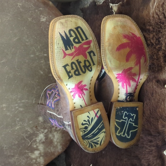 TIN HAUL "Man Eater" shark distressed leather cowgirl boots square toe sz 9.5 - Picture 14 of 16